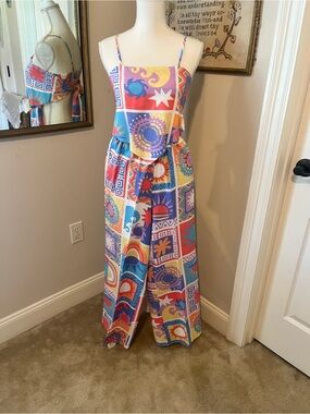 Multicolor Geometric Print Wide-Leg Jumpsuit with Spaghetti Straps